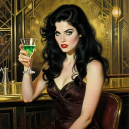 a crafty seductive woman in a cocktail dress holding a glass of absinthe. she has long wavy black hair and green eyes and a direct gaze. she is in a brass art deco bar. beautiful painting by artgerm and greg rutkowski and alphonse mucha