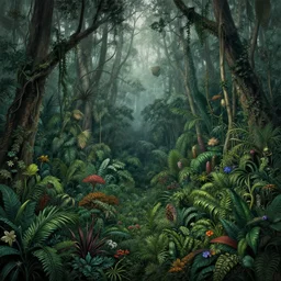 jungle, lot of exotic vegetation, trees, flowers, dull colors, in the foggy huge forest, by moebius, junji ito, tristan eaton, victo ngai, artgerm, rhads, ross draws, hyperrealism, intricate detailed