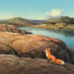 bathed in sun, pleasing morning, appealing smooth flat rocky environment sunningrocks by the river's shore, sparse clearing, still placid environment matte painting from studio ghibli and the fox and the hound ( 1 9 8 1 )