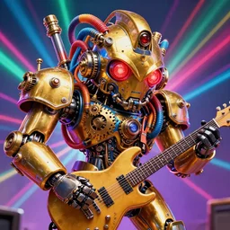 photo of a giant huge golden and blue metal steampunk robothead covered with multicolored tubes and gears, eyes are glowing red lightbulbs, arms are made of guitars, shiny crisp finish, 3 d render, 8 k, insaneley detailed, fluorescent colors, background is multicolored lasershow