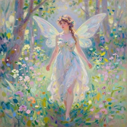 demure and adorable forest nymph. she frolics around the enchanted glade, free of any worry or care. This is an award-winning painting. bright pastel colors. oil painting by Monet.