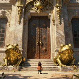 establishing shot, cinematic, character dwarfed by colossal brass frog statues, animation key shot of the great temple, ultra wide, door, stone steps, symmetrical statues, sunlight, ornate, rust, art deco, european, versailles, metal rivets, by the best artist, fantastic architecture, dry, dusty, dappled sunlight