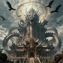 huge temple in hell with dragons in the sky behind it circling like vultures, surreal, sharp focus, digital art, epic composition, concept art, dynamic lighting, intricate, highly detailed