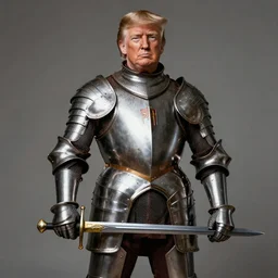 donald trump wearing knights armor, holding one broadsword, by hans holdein, donald trumps highly detailed handsome face, two arms, two legs