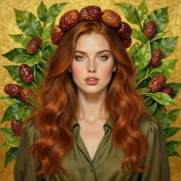 epic painting drawing, full figure portrait of beautiful supermodel face poses wearing olive blouse, long brown red wavy hair, green tea leaves background with sweet dried dates fruits, medjool dates, dried dates crown, photography by amy leibowitz, wlop, jeremy lipkin, beeple, intricate, symmetrical front portrait, artgerm, golden glowing background