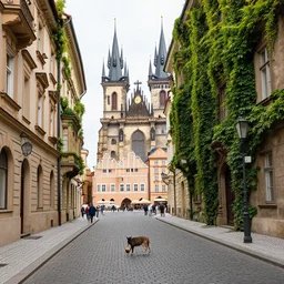 a professional color photo of a prague streets without humans, prague with animals returning to the city, abandoned prague, humans suddenly dissipated, forest animals in the streets, buildings slowly become covered with ivy, detailed photo, fine detail, iphone 4 k