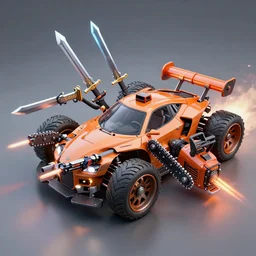 car with guns, swords, boosters and chainsaw attached to it