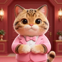 3d render , anthropomorphic male tabby cat,wearing a pink tux ,standing in a red room, with his arms foulded,style of Zootopia, 8K HD Resolution, High quality image