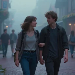 a cinematic extreme close - up of ( ( ( a young couple walking in the street ) ) ), disney, misty evening, fantasy art, highly detailed matte painting, telephoto lens 2 0 0 mm, by stanley artgerm lau, greg rutkowski, thomas kinkade, alphonse mucha, loish, norman rockwell, artstation