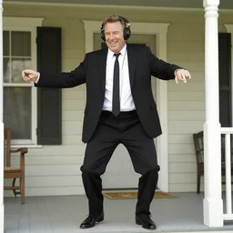clean - shaven 2 0 1 2 jon favreau as happy hogan wearing a black suit and black necktie wearing headphones dancing on the front porch of a house