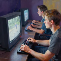 Men playing video games on CRT television using Atari joysticks. Painting by Sophie Anderson. Intricate details. hyper realism. Masterpiece.