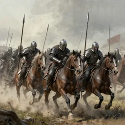 realistic, medieval cavalry charging, pikes, hellbards, epic, digital art, illustration, fantasy, realistic sketch, dark, epic, realistic lighting