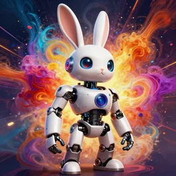 portrait of a anthropomorphic bunny robot with human characteristics, digital art, epic composition, fantasy, explosion of color, highly detailed, in the style of jake parker, in the style of conrad roset, swirly vibrant colors, sharp focus
