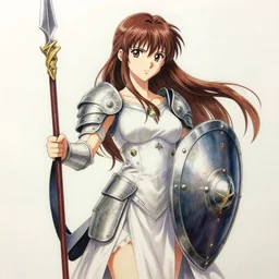 anime drawing, a female valkyrie holding a sheild and spear wearing a white dress, made by artgerm, artgerm, trending on artstation, beautiful, realistic
