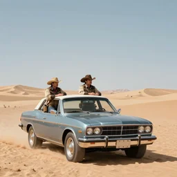 centered detailed no country for old men, cowboys by car in the desert, art by jean giraud and moebius, realistic, expressive emotions, warm colours