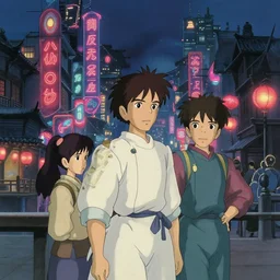 xianxia, city, neon light, in the style of studio ghibli, j. c. leyendecker, greg rutkowski, artem