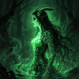 side profile, imogen poots, evil paladin, gloomhaven, luminescent, sickly pale green glow, haunting, evil inky swirly ripples, sickly fever - dream colors, by greg manchess, huang guangjian, gil elvgren, sachin teng, greg rutkowski, jesper ejsing, ilya kuvshinov