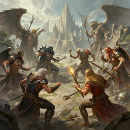 concept art of gods battling in a fantasy city, highly detailed, digital art, illustration, artstation, very detailed, deviantart, art by somatonic, 4 k