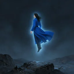 a distant view of a young man with long wavy black hair and a long blue coat floating in the air very high up over rocky ground. he is glowing. fantasy painting by greg rutkowski.