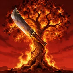 machete wielding tree on fire, fantasy art, fantasy art wallpaper, brightly lit, red sky