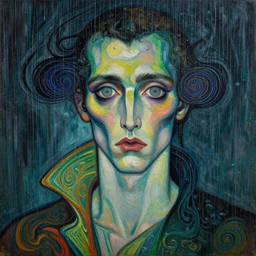 8 0 s art deco close up portait of an insnae man with spiral eyes, rain like a dream oil painting curvalinear clothing cinematic dramatic cyberpunk textural fluid lines otherworldly vaporwave interesting details fantasy lut epic composition by basquiat zdzisław beksinski james jean artgerm rutkowski moebius francis bacon gustav klimt
