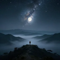 landscape, layers, mountain ranges, dark sky, night, style of Van Gogh, moon, stars, milky way, atmospheric, cinematic, photographic, artstation, digital art, small man center standing on mountain, valley mist, fog, hazy, glow