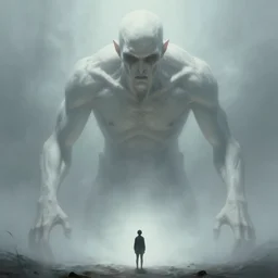 an immense beautiful terrifying pale humanoid giant looms over a tiny human. ethereal horror fantasy art by michael whelan and greg rutkowski