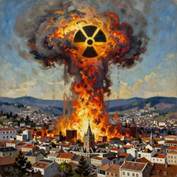 Nuclear Fallout towering over the town of Quito by Simon Stålenhag and J.M.W. Turner, oil on canvas; Art Direction by Adam Adamowicz; 4K, 8K; Ultra-Realistic Depth Shading