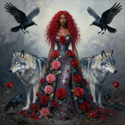 a portrait of a ice queen with long dark curly red hair, stoic, brown skin, alone dramatic, epic painting, painted by artgerm and wlop, cgsociety, roses, wolf, crows beautiful, artbreeder, artstation, maximalist fashion dress, full body, octane render, sharpness, 8 k, golden ratio