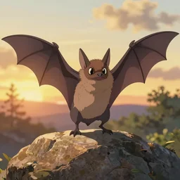 anime art, anime key visual of a fruit bat, flapping wings, standing on a large rock, golden hour sunset lighting, background blur bokeh!!, trending on pixiv fanbox, studio ghibli, extremely high quality artwork