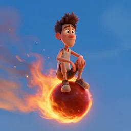 a man sitting on a fire ball, disney pixar art