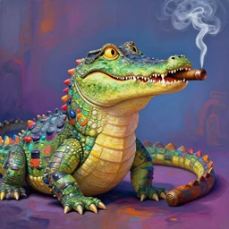 psychedelic crocodile smoking cigar, impressionism, trending on artstation, incredibly detailed