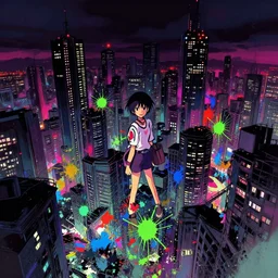 maximalist splatter paint an abandoned cyberpunk city, cityscape, gapmoe yandere grimdark, trending on pixiv fanbox, painted by makoto shinkai takashi takeuchi studio ghibli, akihiko yoshida