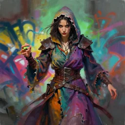 female sorceress in tattered robes of cloth and leather, vibrant colors, mid body portrait, action shot, moody, spray can graffiti style, imprecise brushwork, bright and moody, artstation