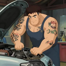 a wholesome animation key shot of a strong tattooed man as an auto mechanic repairing a car in the garage, medium shot, waist up, studio Ghibli, Pixar and Disney animation, sharp, Rendered in Unreal Engine 5, anime key art by Greg Rutkowski, Bloom, dramatic lighting