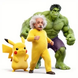 dynamic full body shot of albert einstein yellow hulk pikachu by cory walker and ryan ottley and jack kirby and barry windsor - smith, comic, illustration, photo real