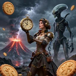 by kaburagi kiyokata and android jones, visually stunning, cinematic, ultra realistic, hyper realism, 1 2 k, epic, octane render, unreal engine, vfx, maya, a woman dressed in steam punk clothing holding a clock, speak to the storm, vitruvian alien, the volcano is wet, biscuit sculpts for your creations and delight