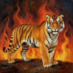 view of a tiger on fire by salvador dali. oil paint. detailed. masterpiece. hq.