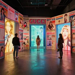 a petra collins 3 5 mm photo of a creative digital immersive installation about a 1 9 8 0 s japanese creative culture magazine, portals to art world's, interactive art, people wearing gucci exploring, glowing lights, gucci and wes anderson, high detail, 8 k, 3 d renders by fvckrender, unreal engine, film grain, octane render, w 6 4 0
