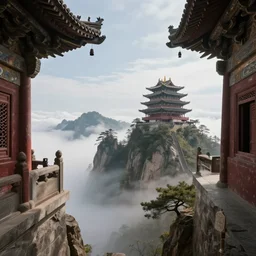 ancient temple high up in the mountains, viewed from inside the temple, clouds inside the temple, depth of view, wide perspective by greg rutkowski and james gurney