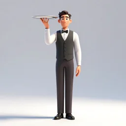 towering waiter with serving tray, stylized pixar-style 3d render, full body, standing, isolated on a pure white background, centered, whole figure in frame, sharp focus, studio lighting