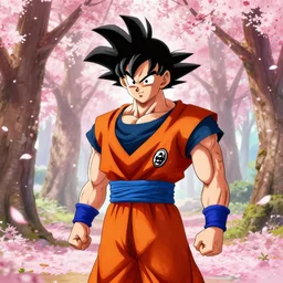 Goku samurai in a spring forest full of pink petals, digital art, HDR