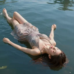 3 d, a woman in a dress lying on her back on the water, unreal engine 5, hyperrealistic
