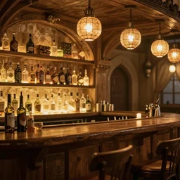 Inside a bar in Gridania, FFXIV, high quality, warm lighting, matte painting