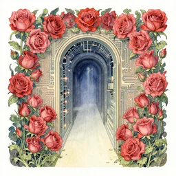 portal to another dimension, surrounded by ( ( roses ) ) and electric circuitry!!!. art noveau watercolor by moebius and clamp.