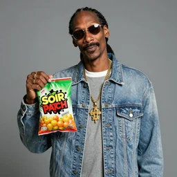 Snoop Dogg holding a bag of sour patch kids for a 1990s sitcom tv show, Studio Photograph, portrait, C 12.0