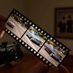 film strip of a 1 9 6 0's car chase scene, held up to a light in a dimly lit room, extreme detail, real photo, real camera, at 8 k, hd