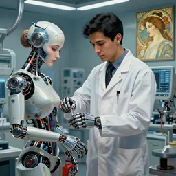 hdr photography a scientist thin latino male in his robotic lab, helping his female clients change their cyborg parts. from love death and robots ( 2 0 1 9 ). coherent portrait, intricate, elegant, highly detailed, digital photo, trending on artstation, hdr photo, smooth, sharp focus, illustration, art by artgerm and greg rutkowski and alphonse mucha