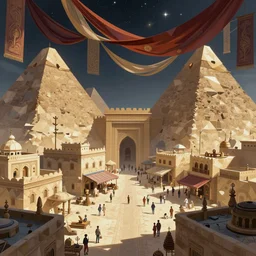 polygonal cyberpunk townsquare in egypt with giant walls and the sky showing the stars and hanging silk drapery and tapestries, light dust, magnificent, close up, details, sharp focus, elegant, highly detailed, illustration, by Jordan Grimmer and greg rutkowski and PiNe(パイネ) and 薯子Imoko and 香川悠作 and wlop and maya takamura, intricate, beautiful, Trending artstation, pixiv, digital Art