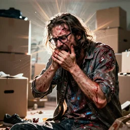 moving day disaster. photo of man with long brown hair and glasses and beard. he is vomiting all over himself, covered in sick